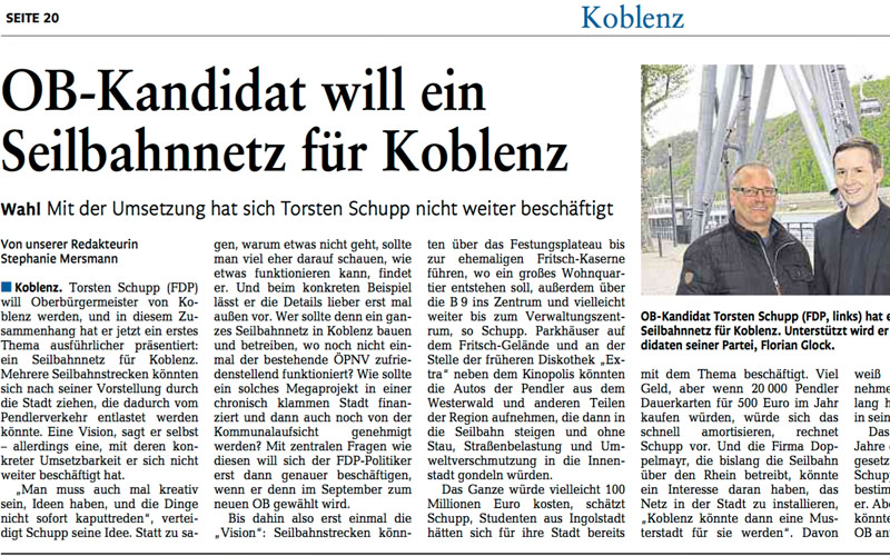 Pressebericht Rhein Zeitung – OB-Kandidat will ein Seilbahnnetz für Koblenz